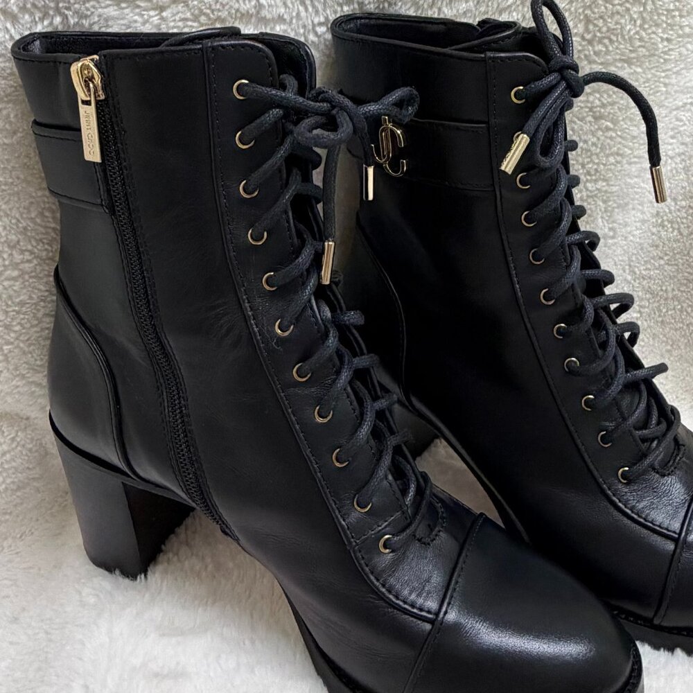 Gorgeous Black Leather Jimmy Choo Cayo Lace Up Boots 2 1/2" Heel Size US 8 - Picture 4 of 11